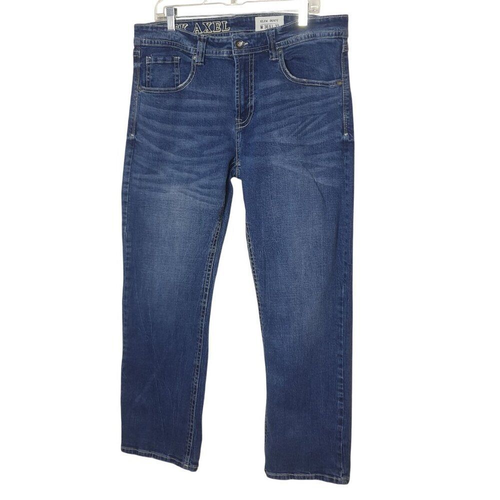 TK Axel Mens Slim Boot Jeans 36x32 Blue Denim Embroidered Pockets Preppy Clean
